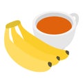 Lunch time icon isometric vector. Bunch of yellow ripe banana and cup of tea