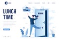 Lunch time landing page template. Open office door, exit. Happy female employee dreaming about fast food