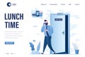 Lunch time landing page template. Open office door, exit. Happy male employee dreaming about fast food