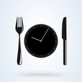 Lunch time linear icon. Dinner break. Afternoon business meeting. Business lunch. Table knife, fork and plate with clock. Vector Royalty Free Stock Photo