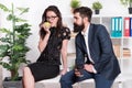 Lunch time. Office couple. Office flirt. Career company. Flirting and seduction. Sexy secretary. Office job affair Royalty Free Stock Photo