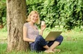 Lunch time relax or coffee break. Work in summer park. Reasons why you should take your work outside. Nature is Royalty Free Stock Photo