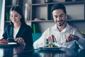 Lunch together. Two young cute lovers are sitting in a fancy res Royalty Free Stock Photo