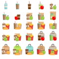 Lunchbox with cheese sandwich, tomato slices, potato chips, paper bag, schoolbag for school or work set.