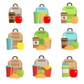 Lunchbox with cheese sandwich, tomato slices, potato chips, paper bag, schoolbag for school or work set. Dinner lunch