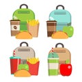 Lunchbox with cheese sandwich, tomato slices, potato chips, paper bag, schoolbag for school or work set. Dinner lunch