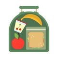 Lunchbox with food. Meal, apple and sandwich. Healthy cartoon vector illustration