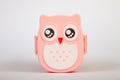 Lunchbox in the form of a pink owl for preserving and carrying homemade food or sandwiches during working day on white isolated