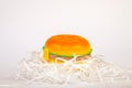 Lunchbox in the form of a yellow hamburger for preserving and carrying homemade food or sandwiches during working day. The symbol