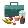 Vector flat illustration of lunch in box with coffee, muffin, apples and banana