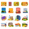 Lunchbox icons set, cartoon style