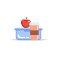 Lunchbox - meal container with coffee cup and an apple. School meal, children`s lunch. Vector illustration in flat style Royalty Free Stock Photo