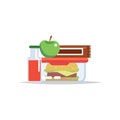 Lunchbox - meal container with hamburger, apple, chocolate bar and a juice. School meal, children`s lunch. Royalty Free Stock Photo