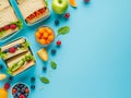 Lunchbox with sandwiches and fresh snacks on a blue background Royalty Free Stock Photo
