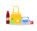 Lunchbox set with a juice box, backpack, plastic container, an apple, beverage bottle