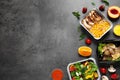Lunchboxes on grey table. Healthy food delivery Royalty Free Stock Photo