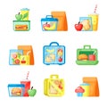 Lunchboxes with sandwiches and fresh fruits flat illustrations set