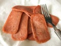 Fried luncheon meat on a white background