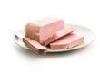 Luncheon meat on plate isolated on white background Royalty Free Stock Photo