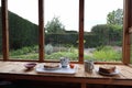 A lunchtime snack in a garden shed during a welcome break from work in the garden Royalty Free Stock Photo