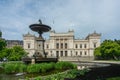 Lund, Sweden - June 9, 2022: Building main entrance of the University with a fountain infront