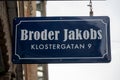 Lund, Sweden - October 4, 2020: A blue business sign outside the cafe called Broder Jakob Brother Jacob at the street called Royalty Free Stock Photo