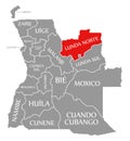 Lunda Norte red highlighted in map of Angola