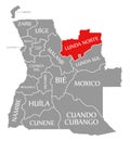 Lunda Norte red highlighted in map of Angola Royalty Free Stock Photo