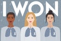 Lung Cancer Awareness Month. I won phrase. Three women with wrinkles, gray hair, lung silhouette and white ribbon on their chests