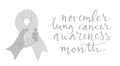 Lung cancer awareness month Novermber handwritten lettering. White handshake support ribbon. Web banner vector