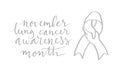 Lung cancer awareness month Novermber handwritten lettering. White handshake support ribbon. Web banner vector