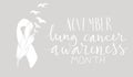 Lung cancer awareness month Novermber handwritten lettering. White support feather ribbon. Web banner vector