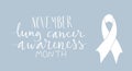 Lung cancer awareness month Novermber handwritten lettering. White support ribbon. Web banner vector