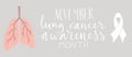 Lung cancer awareness month Novermber handwritten lettering. White support ribbon. Web banner vector