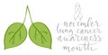 Lung cancer awareness month Novermber handwritten lettering. White support ribbon. Web banner vector