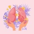 Lung health support care, pulmonology checkup, hands holding healthy lungs and flowers