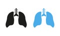 Lung, Human Internal Organ Pictogram Set. Healthy Bronchial Respiratory System Line and Silhouette Icons. Respiration