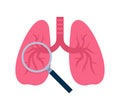 Lung inspection icon. Lung with magnifier searching. Lung cancer, trachea.