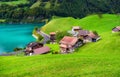 Lungern, canton of Obwalden, Switzerland. A view of rural homes in a green meadow. A lake in a mountain valley. Royalty Free Stock Photo