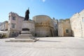 Lungomare degli Eroi with monument on promenade with Torre Alfonsina tower in Otranto, Italy