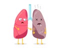 Lungs characters healthy and unhealthy comparison. Human lung pair good and bad condition. Cartoon human respiratory