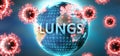Lungs and covid virus, symbolized by viruses and word Lungs to symbolize that corona virus have gobal negative impact on Lungs or