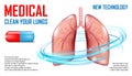 Lungs diagnosis banner. Medical care Concept. Respiratory system disease. Pills or capsule for pulmonary fibrosis