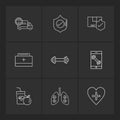lungs , food , sheild , truck , fitness , protect , heart , fruits , medical , eps icons set vector Royalty Free Stock Photo