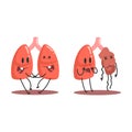 Lungs Human Internal Organ Healthy Vs Unhealthy, Medical Anatomic Funny Cartoon Character Pair In Comparison Happy