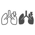 Lungs inflammation line and solid icon. Coronavirus threat attacks and destroys organs outline style pictogram on white