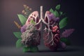 Lungs made from flowers and nature on dark background, Generative AI