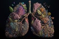 Lungs made from flowers and nature on dark background, Generative AI