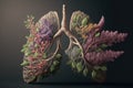 Lungs made from flowers and nature on dark background, Generative AI