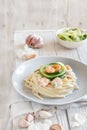 Lunguini shrimps and zucchini with cream Royalty Free Stock Photo